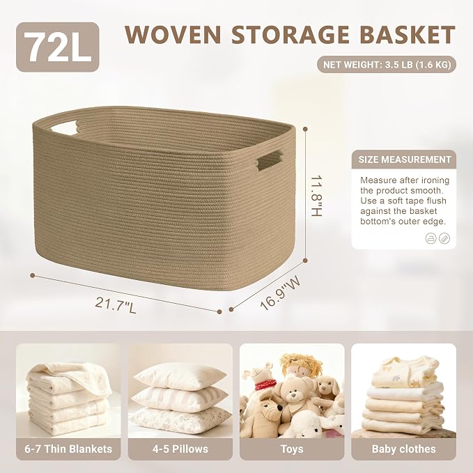 72L Large Wicker Laundry Basket for Living Room Storage,Boho Woven Cotton Rope Baskets for Kids Toy,Gifts,Square Blanket Hamper for Bedroom Dirty Clothes,Jute