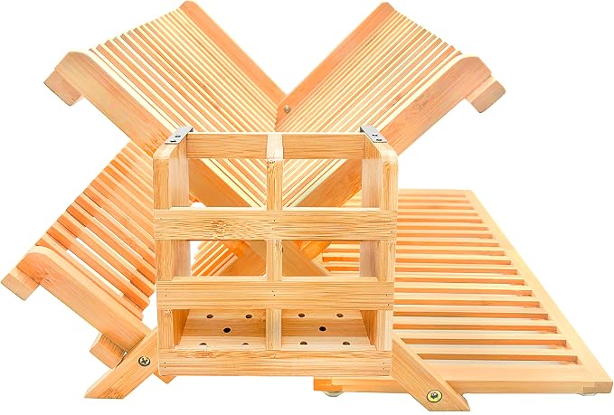 Bamboo Dish Drying Rack with Utensil Holder Set,3-Tier Collapsible Wood Dish Drying Rack for Kitchen,Folding Bamboo Drying Rack with Utensils Flatware Holder,Space-Saving Storage
