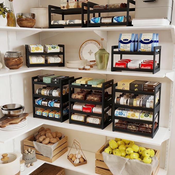 BAMBANG Can Organizer for Pantry, Detachable Bamboo 4 Tier Stackable Can Food Storage Rack, Rolling Soda Can Dispenser Can Holders for Cabinet, Holds Up to 48 Cans, Black