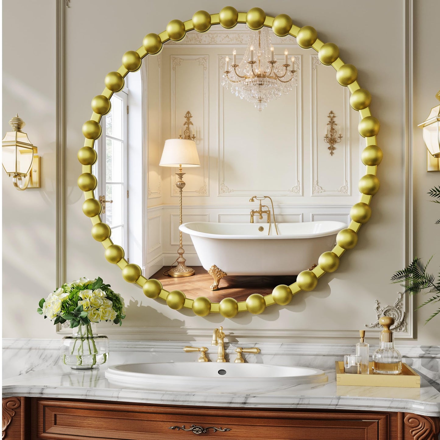 WISSMIELS Round Vanity Mirror for Wall, 28 Inch Beaded Frame Circle Mirror for Bedroom Dresser, Bathroom, Entryway, Living Room, Decorative Hanging Wall Mirror, Gold