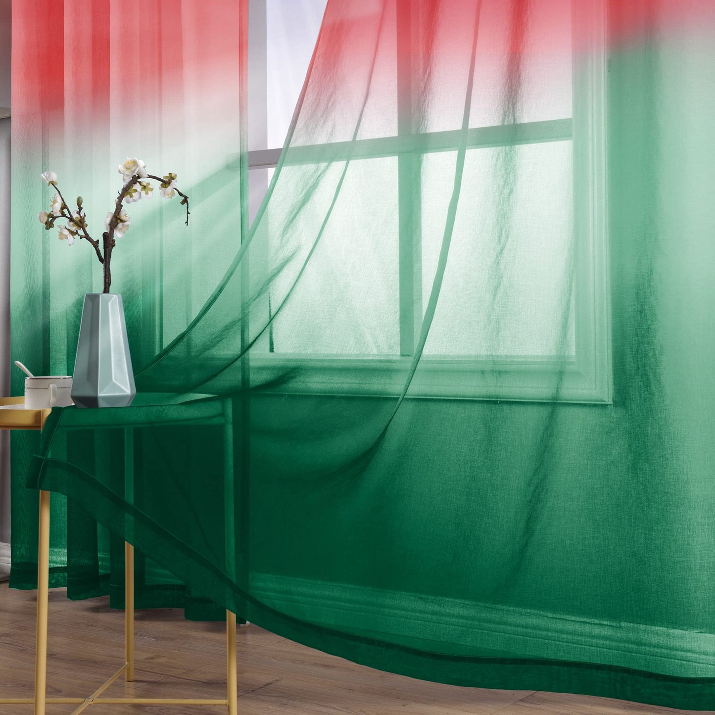 KOUFALL Curtains for Living Room,Red Green Sheer Curtain to Match LED Lights,Cortinas Rojas De Navidad para Sala,See Through Printed Holiday Curtain Drapes for Bedroom Window Xmas Decor 84 Inch Long