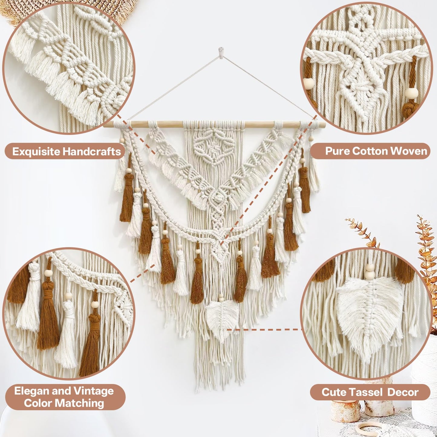 lokeisna Macrame Wall Hanging, Woven Tapestry Beige & Dusty Rose Handmade Craft Macrame Wall Room Decor, Gallery & Nursery, Size 37.4” Lx27.5” W