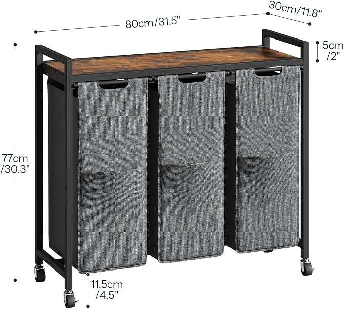 HOOBRO Laundry Sorter 3 Section, Laundry Hamper with Wheels, 3 × 11.5 Gal (43.4L), Rolling Laundry Basket, Pull-Out and Removable Oxford Fabric Laundry Bags, Rustic Brown and Grey BFG76XY01