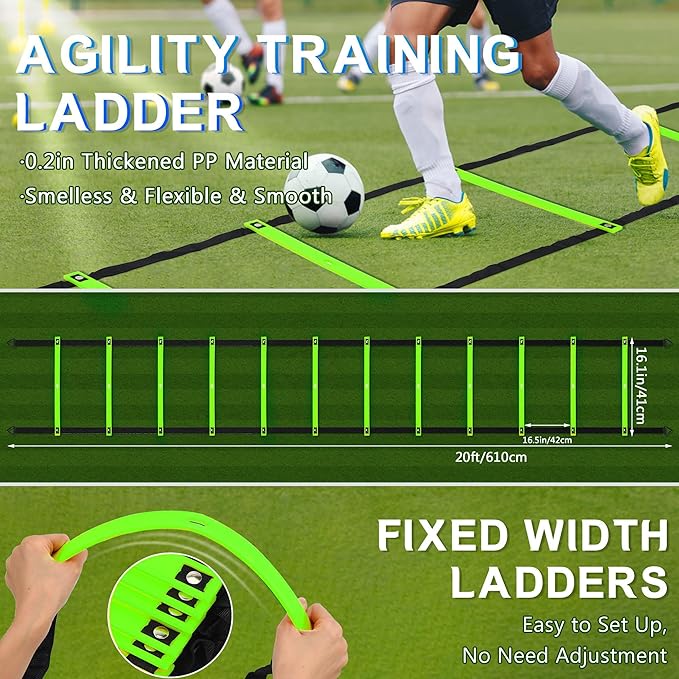 Fixed Rung Agility Ladder - 20ft 12 Rungs No Tangle Speed and Agility Training Equipment for Soccer Footwork Training with Carrying Bag/Ground Stakes for Adults Youth Kids