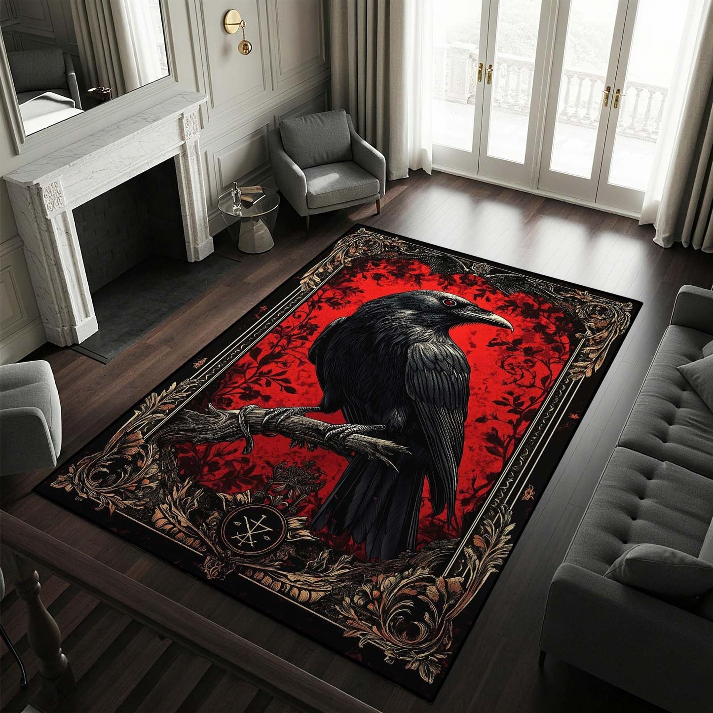 5x7 Gothic Raven Rug, Crow Area Rug, Gothic Rugs for Bedroom, Halloween Rugs, Large Vintage Black Raven Carpet, Soft Washable Non Slip Low Pile Carpet
