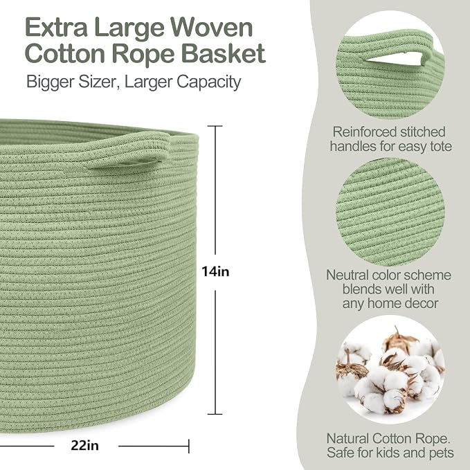 MEGASKET Extra Large Green Basket, 22" X 22" X 14" Woven Cotton Rope Baskets for Blankets, Nursery Laundry Basket, Cute Kids Toy Storage Bin, Green Living Room Bedroom Decor Baskets for Organizing