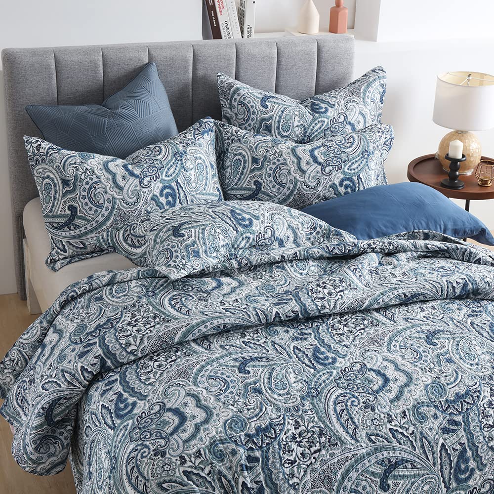 Autumn Dream Cotton Bedspread Quilt Sets, 3 Pieces Reversible Comforter Coverlet Sets,Blue Floral Paisley,Queen Size
