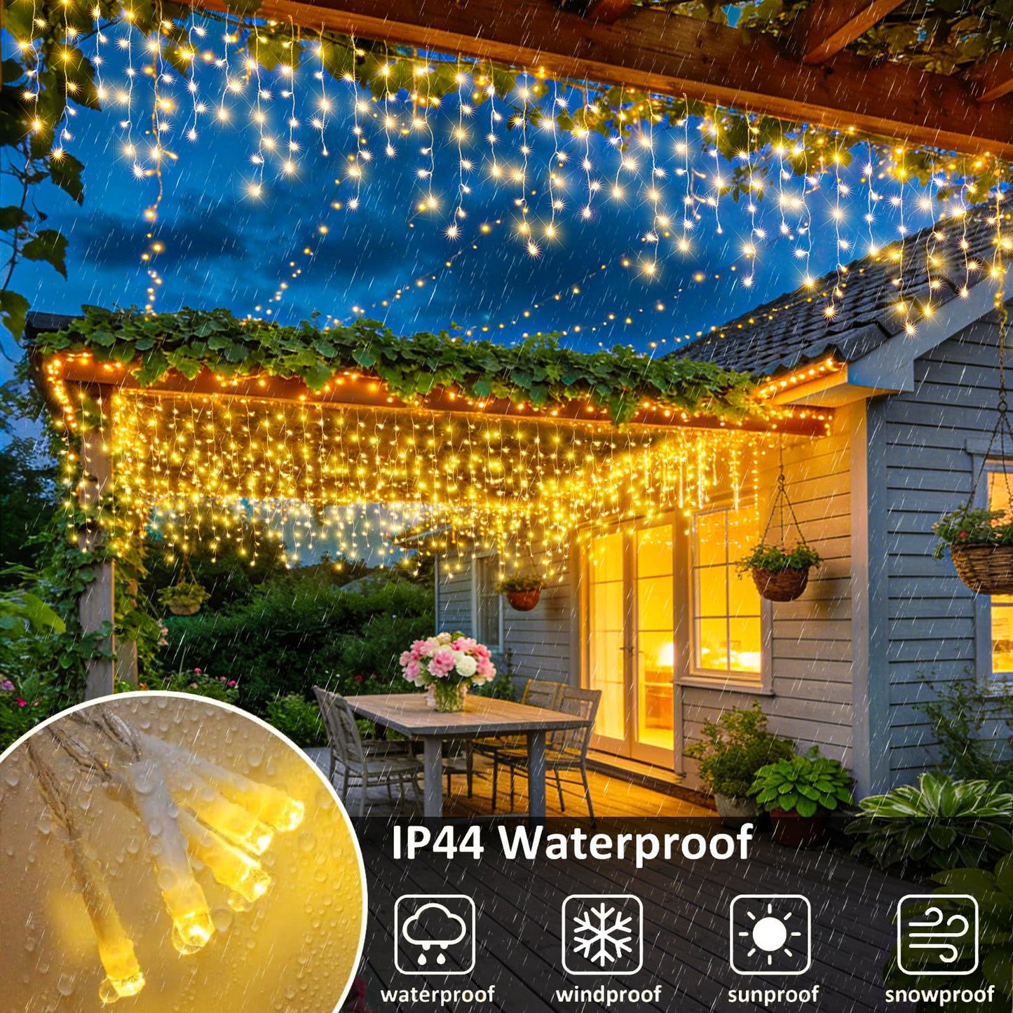 XmasBokeh Icicle Lights for Outside - 33FT 400 LED Icicle Christmas Lights Outdoor with 75 Drops, Plug in Connectable Curtain String Light for Indoor House Patio Roof Holiday Decor, Warm White