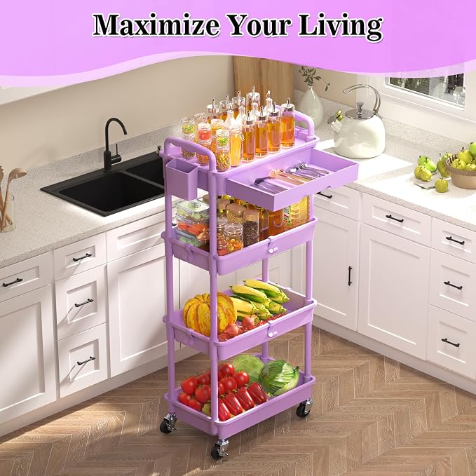 SUNALLY 4 Tier Rolling Cart Organizer with Drawer, Bathroom Storage Carts with Wheels & Plastic Shelf, Mobile Storage Organizers for Kitchen, Office, Laundry Room, Baby, Snack, Craft, Makeup, Purple