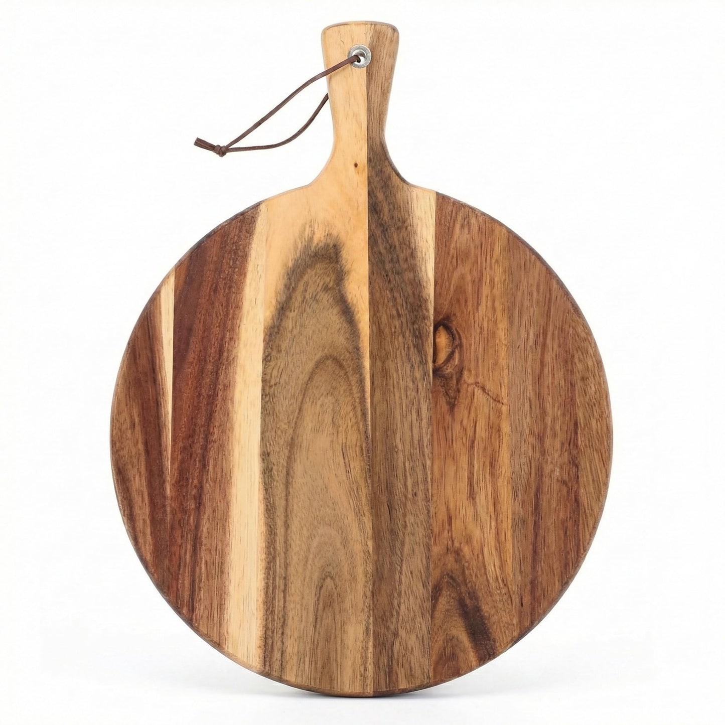 Garaten Round Acacia Wood Cutting Board with Handle - 12 Inch Wooden Charcuterie Board and Serving Platter - 0.7" Thick Acacia Wood Chopping Board for Kitchen with Leather Strap