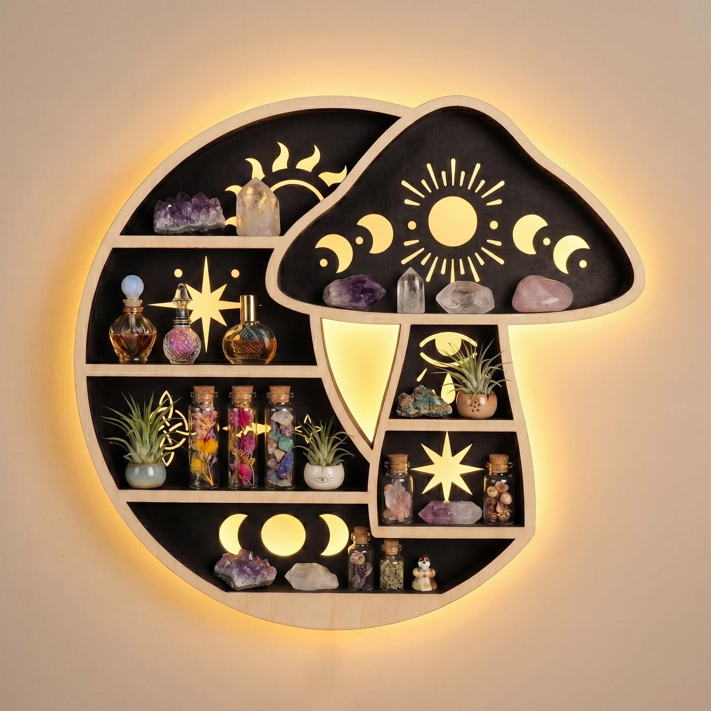 FNYDOX Crescent Moon Shelf with LED Light, Wooden Mushroom Shelf for Crystals Rocks Gems Healing Stones, Trinket Knick Knack Bohomian Witchy Wiccan Shelves Wall Mounted