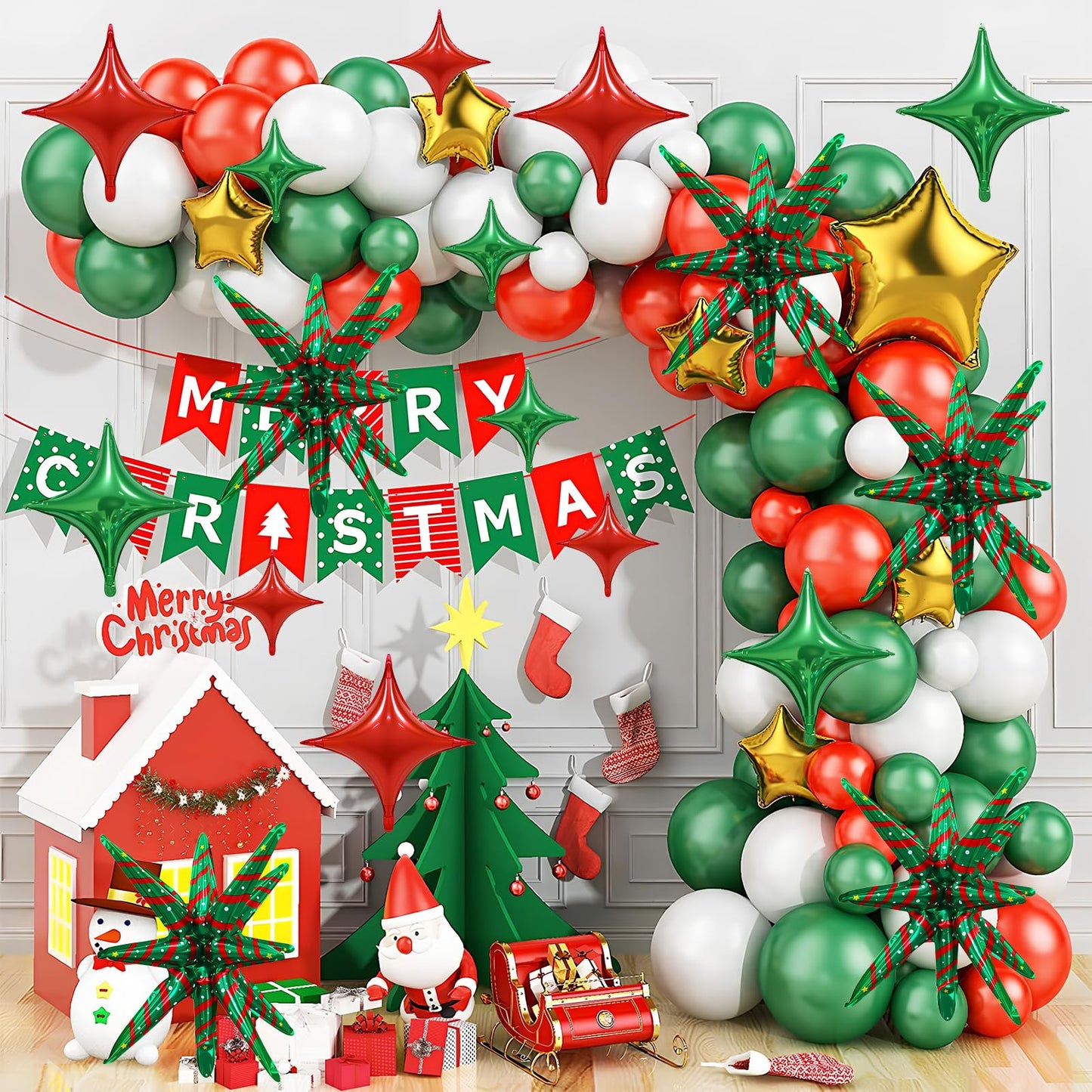 17PCS Christmas Foil Balloon Set, Including Popping Stars and Four Pointed Stars Balloons, Suitable for Christmas Party Decorations, Holiday Home and Event Supplies