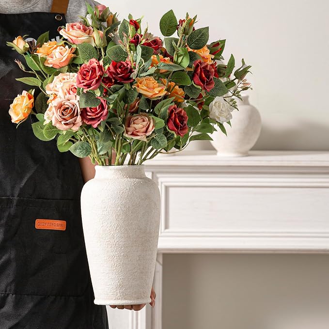 Ceramic Flower Vase, Large Flower Vase Tall Rustic Farmhouse Decorative Vase Floral Pottery Vases for Home Decor Table Living Room Entryway Mantel Bedroom Bathroom Kitchen - 11" W