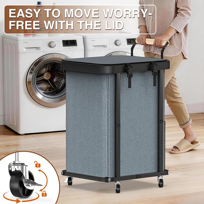 40 Gal (150L) Laundry Hamper with Lid, Leather Patchwork Laundry Basket with Rolling Lockable Wheels and Handle, Laundry Basket Organizer for Laundry Room, Bedroom and Bathroom,Laundry Room - Gray