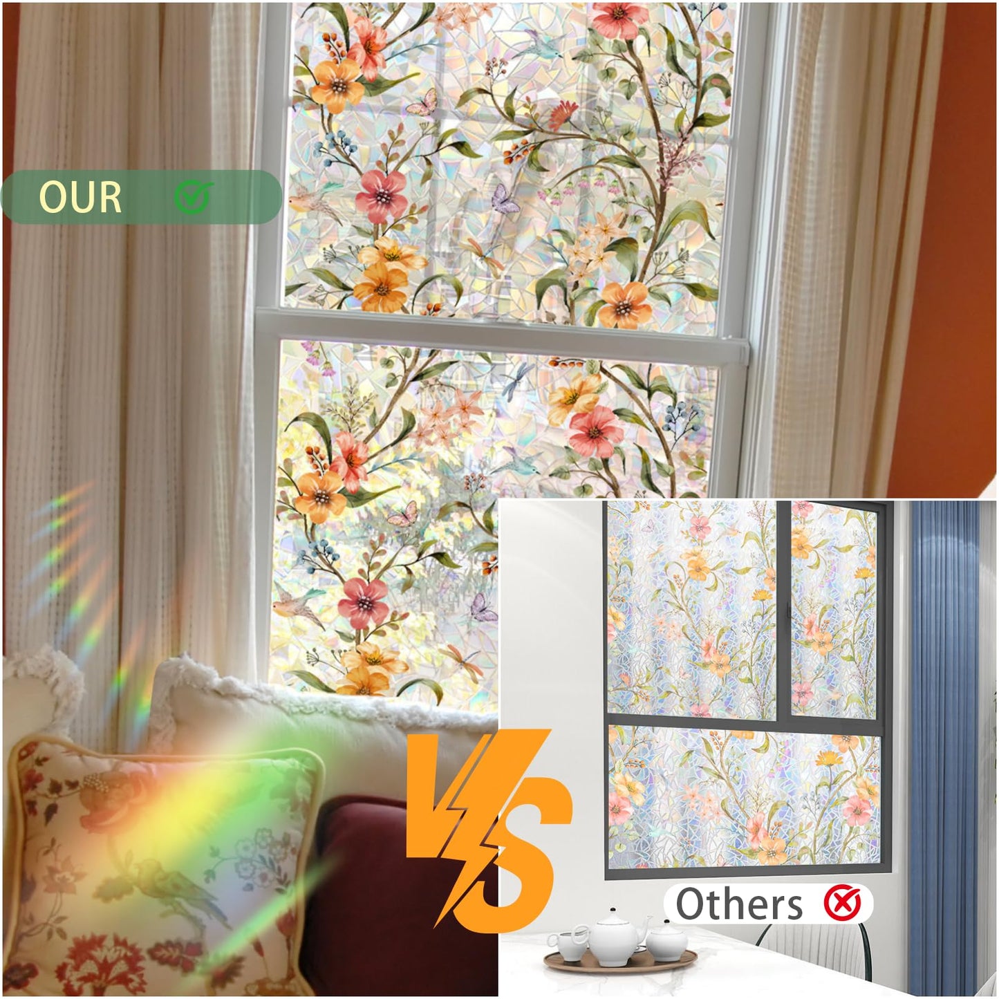 WBQMUNY Stained Glass Window Film,Window Privacy Films,Rainbow Glass Decals Stickers for Home Anti UV17.7" x 43.3"