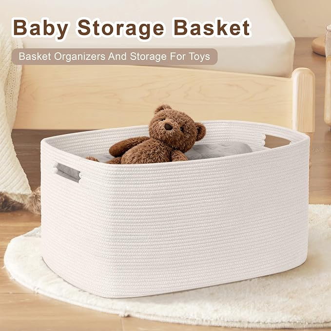45L Small Baby Girls Laundry Basket for Nursery Storage,Cute Woven cotton Rope Baskets for Kids Toy，Gifts,Boho Square Wicker Blanket hamper for Living Room,Bedroom Dirty Clothes, White