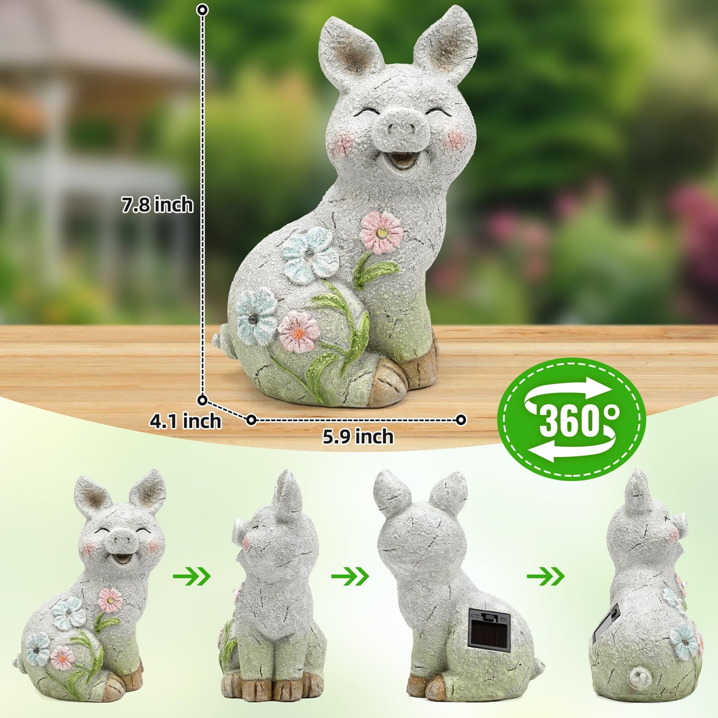 Leekung Solar Pig Statues Garden Decor,Outdoor Statue Sculpture with Led Lights,Solar Garden Decorations Pig Figurines for Patio,Balcony,Yard,Lawn,Unique Housewarming Birthday Gifts for Mom Women