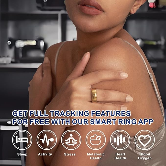 Smart Ring, Activity Trackers, Sleep Ring, Fitness Tracking, Stress Tracker, Heart Rate, Meditation, Temperature, Respiratory, No App Subscription, Women, Men, iOS, Android (Golden, 8)