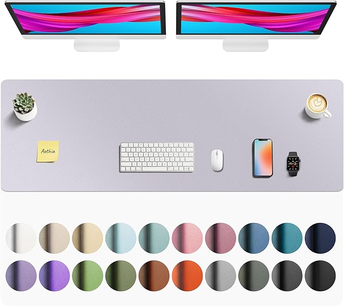 Aothia Faux Leather Desk Mat - Non-Slip PU Leather Desk Blotter, Waterproof Writing Surface, Large Desk Pad for Office & Home (Smoky Lavender, 55" x 17")