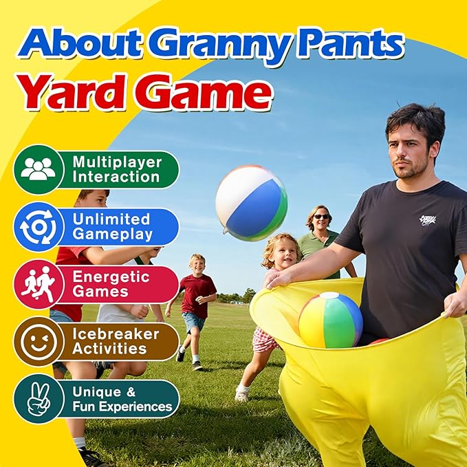 Granny Pants Yard Game Giant Outdoor Tossing Challenge Activity Set with 8 Bouncy Balls & Air Pump, Perfect for Adults, Family Team Events Backyard Parties(Yellow)