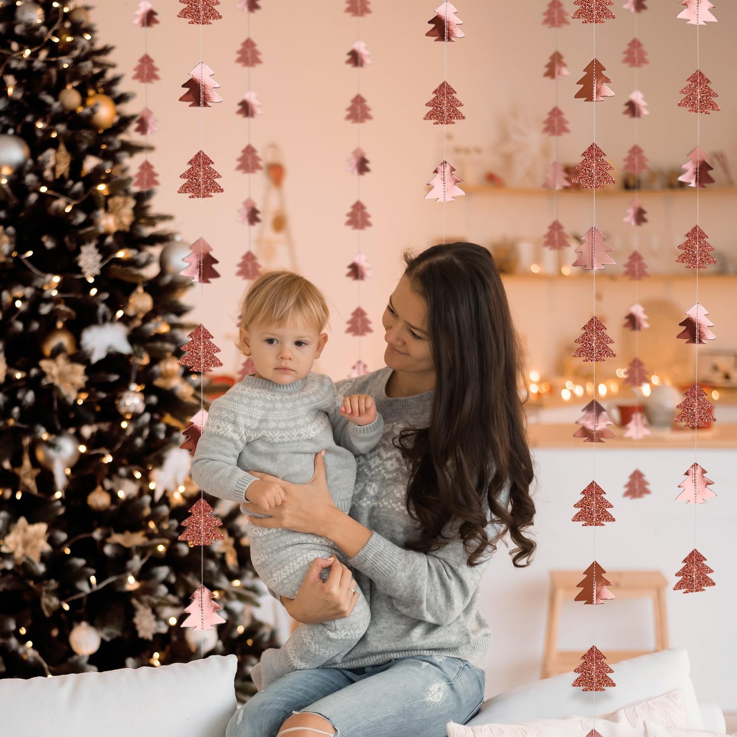 Cheerland Rose Gold Christmas Tree Garland Happy Holidays Banner Woodland Theme Party Decoration Xmas Hanging Backdrop Christmas Banner Wall Decor for Winter Birthday Party New Year Decorations