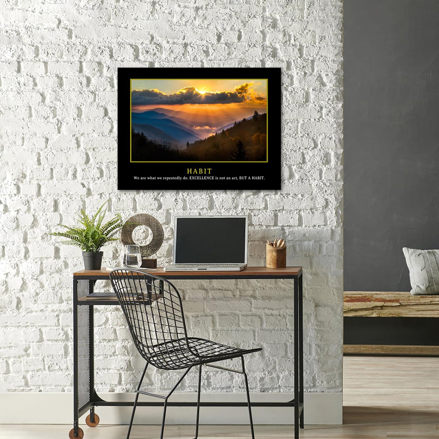 KREATIVE ARTS Motivational Quotes Canvas Wall Art - Excellence is Not an Act, But a Habit Inspirational Entrepreneur Poster - 24"x32" Framed Artwork for Office Smoky Mountain Sunrise Picture