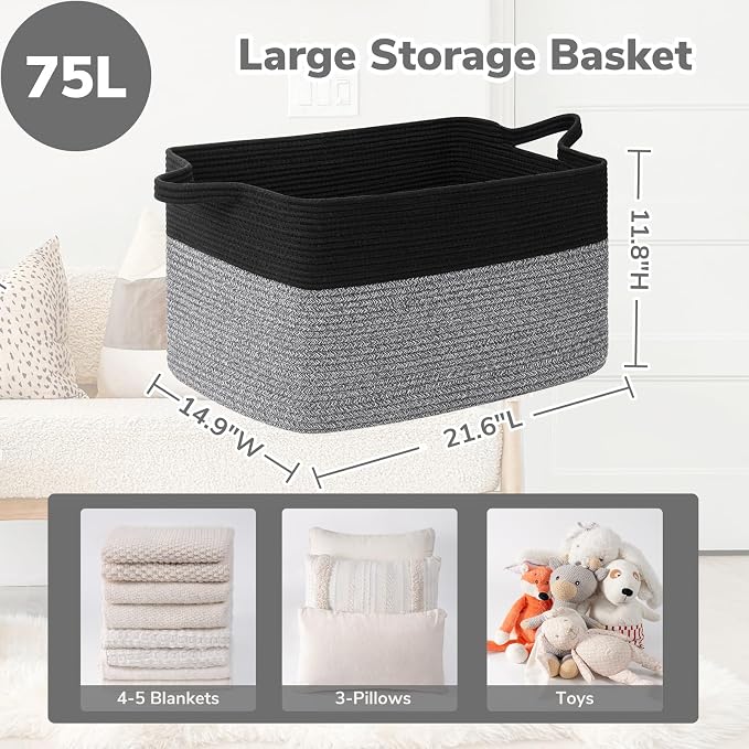 Goodpick Large Woven Blanket Basket 21.6" x 14.9" x 11.8" Storage Baskets for Organizing, Rectangle Baby Toy Bins for Kids Organizer Living Room Bedroom, Black & Gray