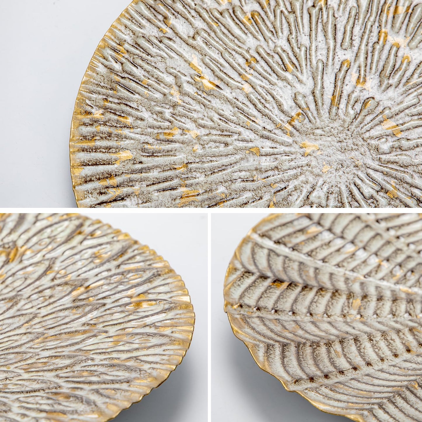 Arborus Set of 3 Rustic Floral Round Metal Wall Art - Intricate 3D Design with Sturdy Hooks, Gold and Beige Decorative Plates (11.8" Diameter)
