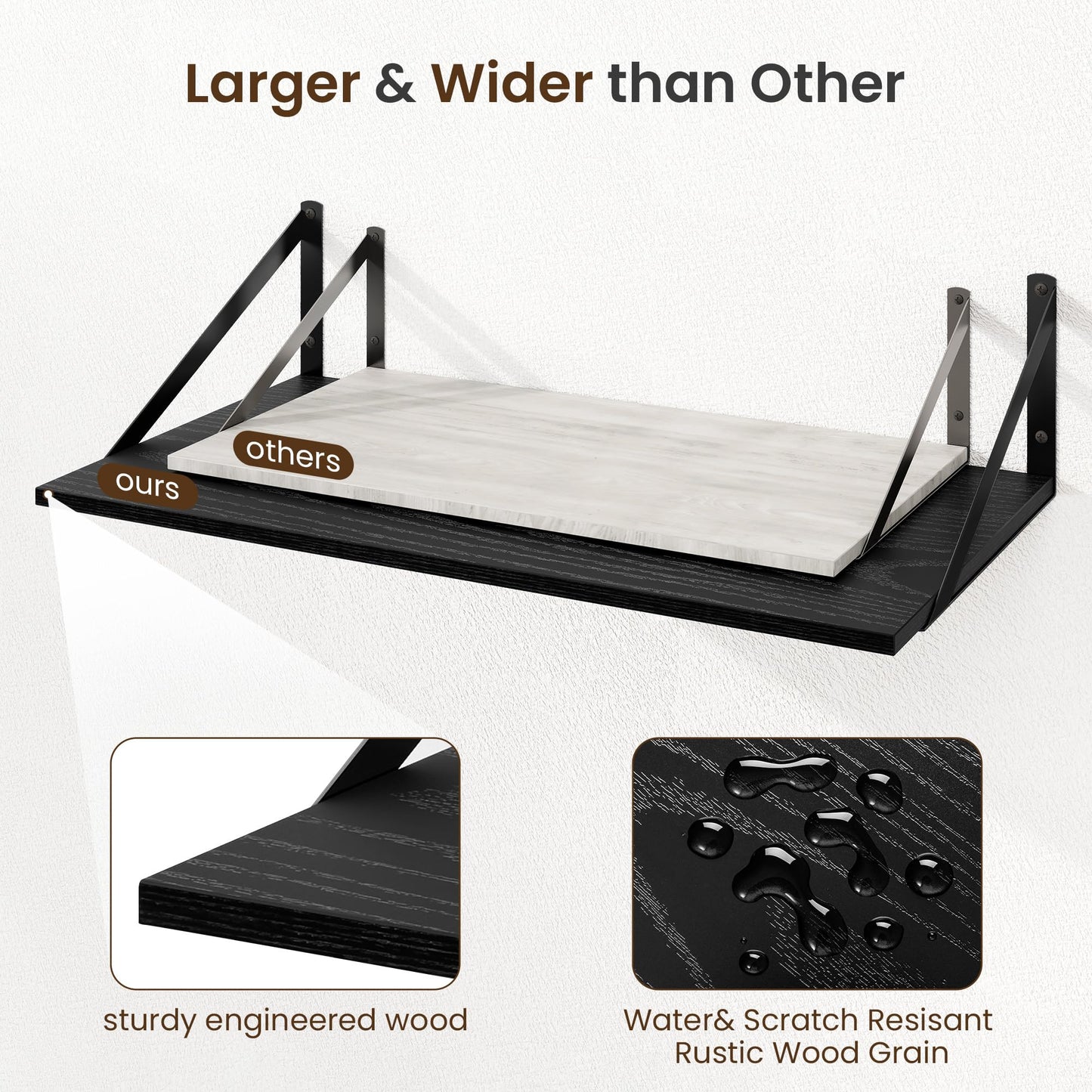 Fun Memories Floating Shelves for Wall, 12 Inch Deep Floating Shelves Set of 2, 16W x 12D Large Wall Shelf with Sturdy Metal Brackets for Living Room, Bathroom, Bedroom and Kitchen, Black