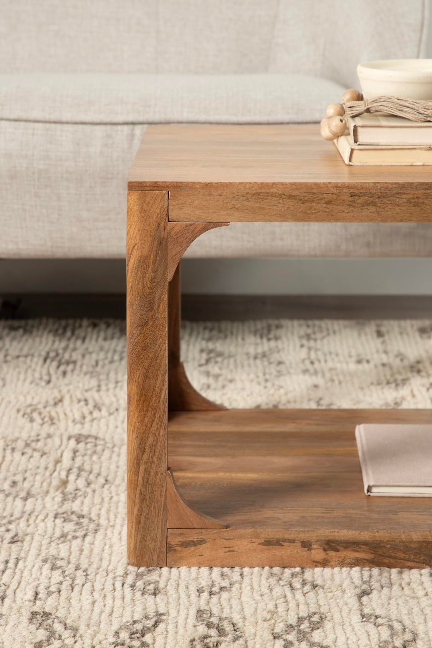 Kate and Laurel Dahl Transitional Rectangular Coffee Table; 36 x 20 x 18; Natural Wood; Modern Rectangle Living Room Table with Solid Mango Wood Construction and Bonus Underlying Storage