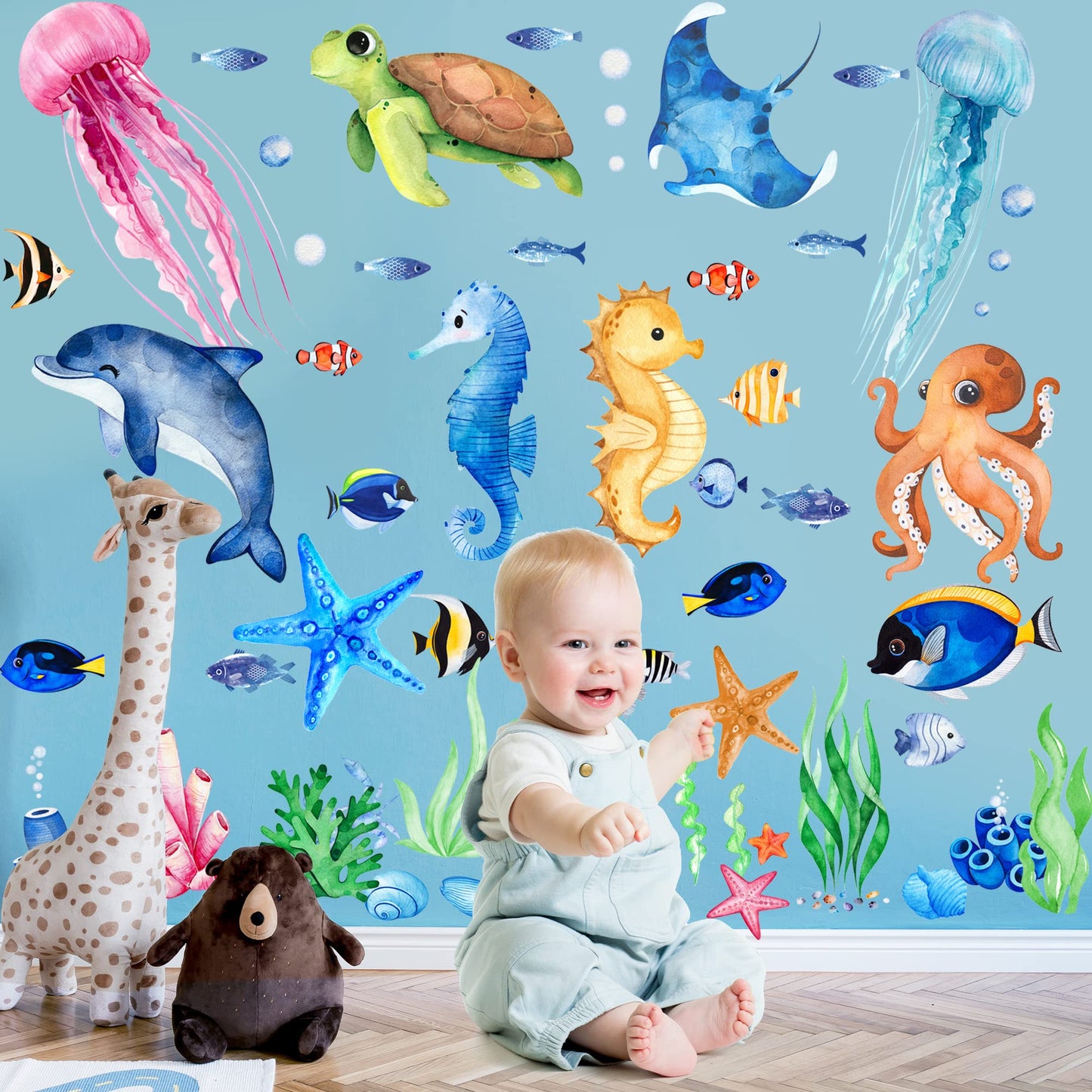 4 Sheets Ocean Fish Wall Decals Stickers Sea Wall Decal Stickers Removable Sea Life Marine Animal Sticker Underwater Ocean Creatures Decor for Kids Girls Boy Nursery Bedroom Bathroom