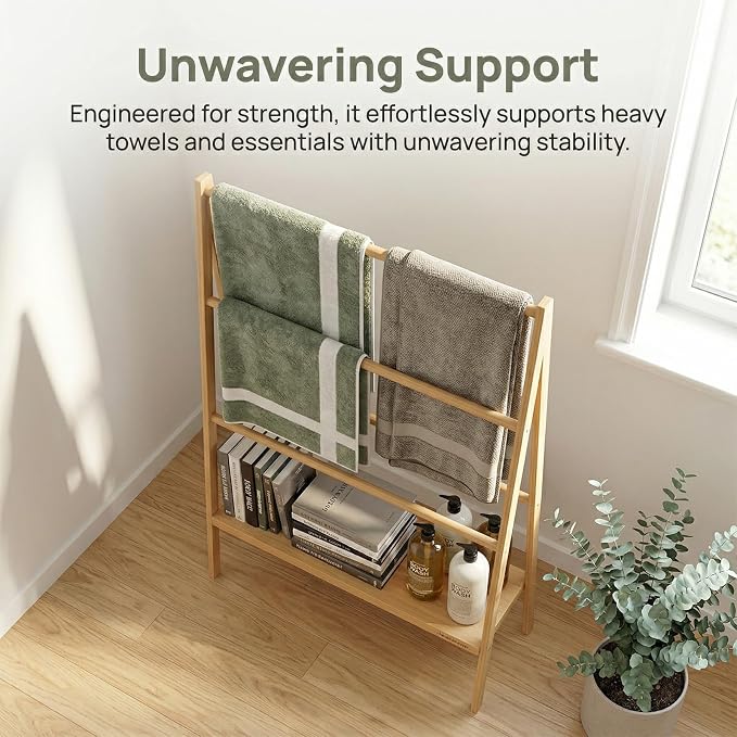 Bamboo Ladder Towel Rack - Blanket Holder with Storage Shelf for Bathroom & Living Room, Freestanding 30.16" L x 12.01" W x 51" H, Eco-Friendly