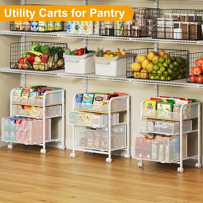 Yociyoga 3 Tier Rolling Cart with Drawers,Pantry Storage Cart with Wheels,Under Desk Storage Cart for Small Space,Pantry Floor Organizers and Storage,Metal Load-Bearing Utility Craft Cart,White