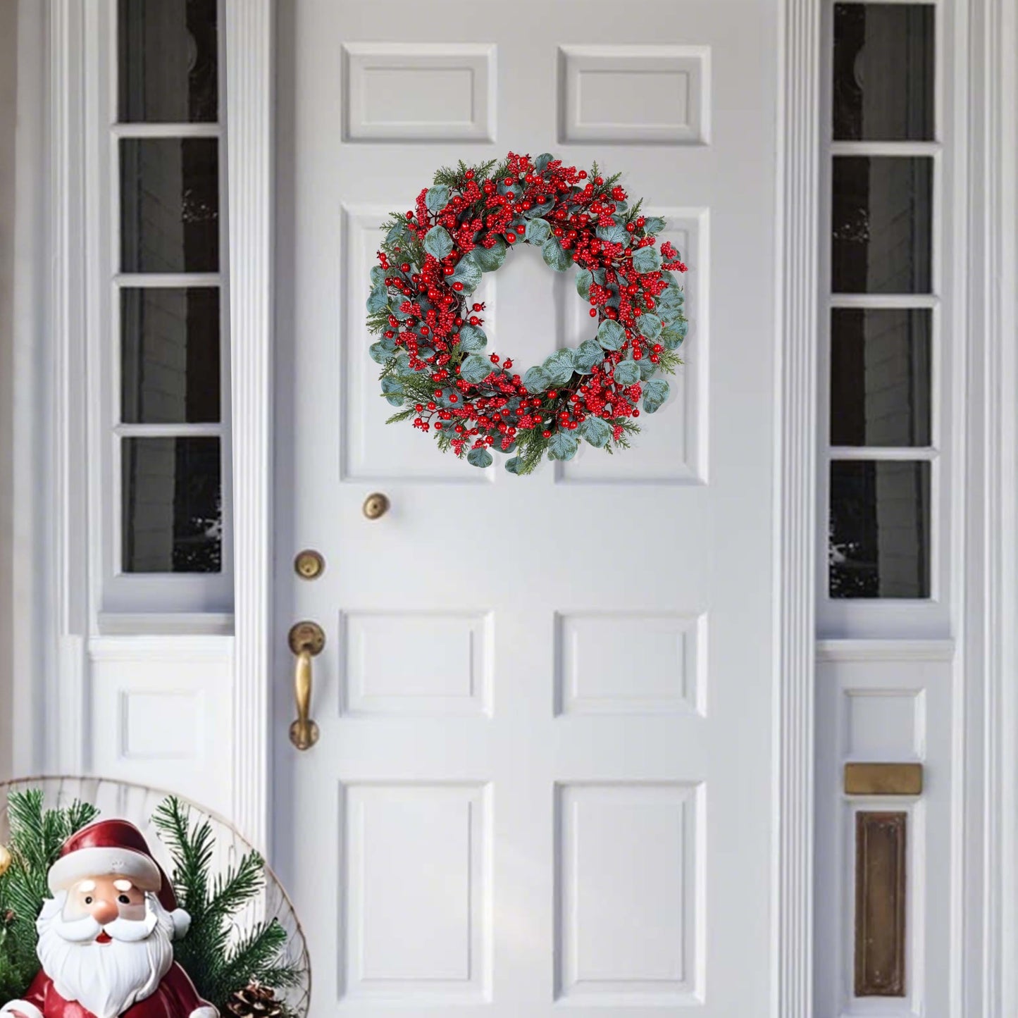 WSTPUPU Artificial Christmas Wreath 22inch Christmas Wreaths for Front Door Xmas Red Berry Wreath with Eucalyptus Leaves Pine Needles Red Berries for Wall Farmhouse Window Winter Holidays
