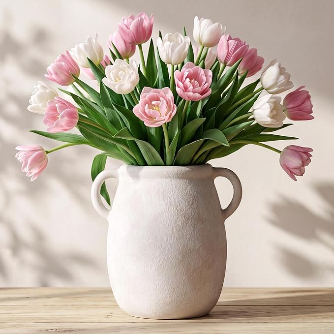 Ceramic Flower Vase with Handle, 7.9in Waterproof Farmhouse Table Rustic Vases, Large Flower Terracotta Pottery Vases for Home Decor, Living Room,Table, Handcrafted (Antique)