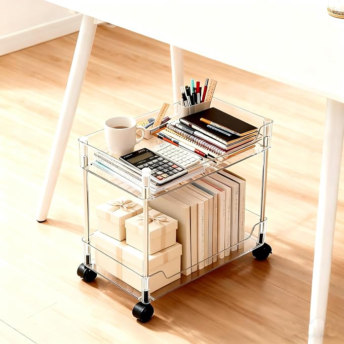 Betoveren 2 Tier Utility Rolling Cart Storage Organizer with Wheels Under Desk Mobile Bathroom Cart Organizer for Office Bathroom Home Kitchen Organization Transparent (Width 8.85 Inches)