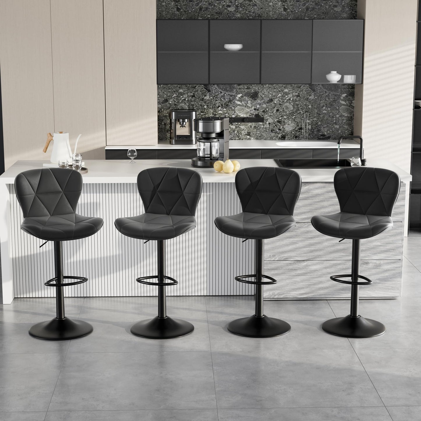 Daluvenix Bar Stools Set of 2,Adjustable Swivel Barstools, Faux Leather Bar Chairs,Upholstered Counter Height with High Backrest for Kitchen Island, Black