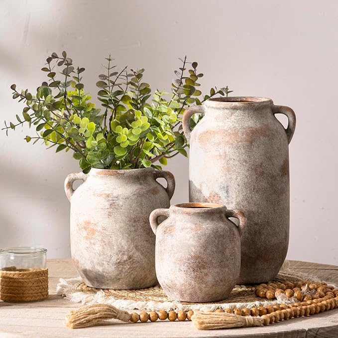 Large Flower Vase Home Decor - Tall Ceramic Farmhouse Rustic Table Vases with Handle Living Room Decoration Decorative Modern Vintage for Floor Kitchen Shelf Coffee Dining Desk Fireplace (12" Retro)