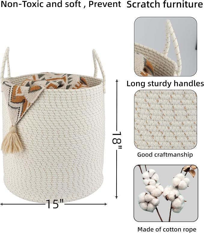 XUANGUO Cotton Rope Laundry Basket Hamper for Clothes Woven Storage Basket for Living Room Bedroom Boho Tall Rope Baskets for Blanket Toys Pillow Towels Baby Nursery Hamper Bin striped