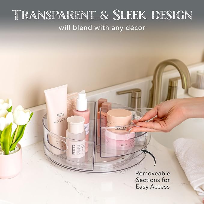 Oizeir Lazy Susan Turntable - Clear Acrylic, Removable Sections, Rotates 360 Degrees. Easily Organize Your Fridge, Cabinet or Counter. Great Carousel Storage for Food, Spices, Cosmetics. (4-Sections)