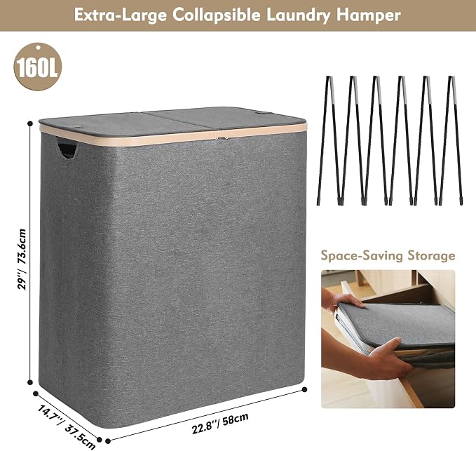 DOKEHOM 160L Extra Large Laundry Hamper with Lid, 2-Section Double Laundry Basket with Removable Mesh Liner Bags, Collapsible Clothes Sorter for Family, Bedroom, Laundry Room, Dark Grey