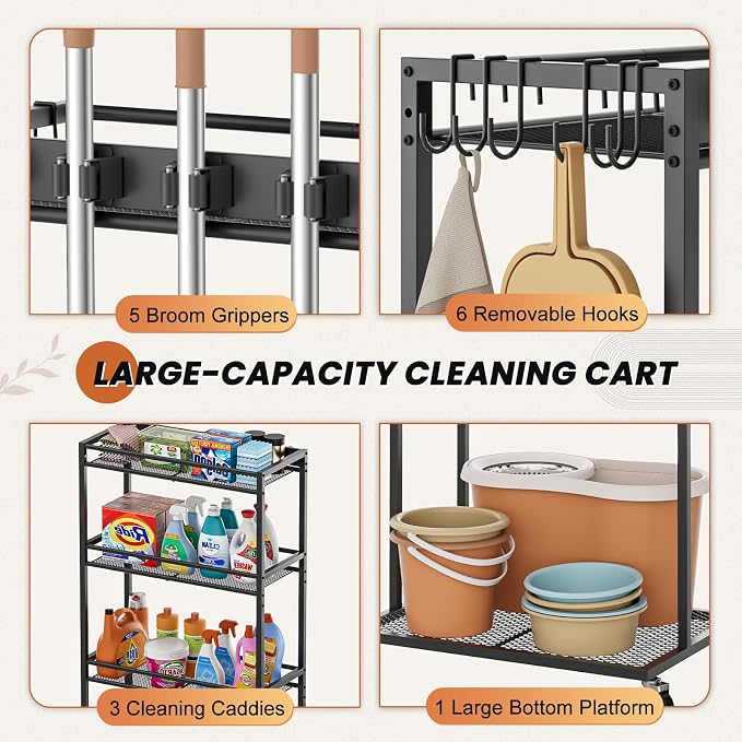 Olakee Taller Broom Holder with Cleaning Supplies Organizer, Broom Closet Storage Cabinet with Mop Hanger Gripper Rack Hooks, Housekeeping Janitorial Cart with Cleaning Caddy, Garage Home Improvement