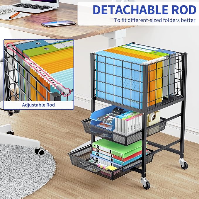 TOOLF Rolling File Cart, 3-Tier Metal File Cabinet with Wheel, Filing Cabinet with 2 Sliding File Trays, Adjustable Hanging File Folder Organizer for Office, Home, Classroom Black