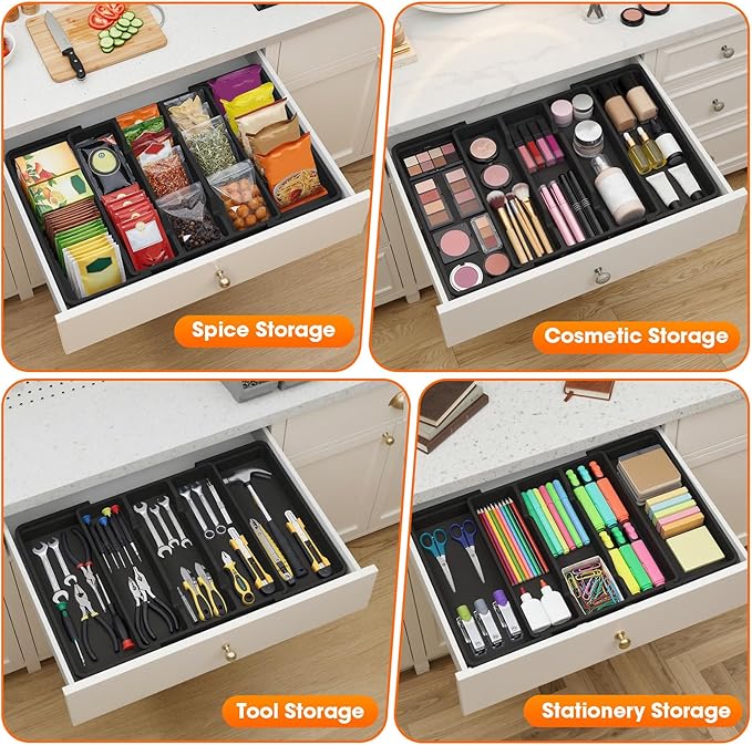 Large Silverware Organizer, Expandable Utensil Drawer Organizer for Kitchen Drawers, Kitchen Drawer Organizer for Spoons/Forks/Knives, Multipurpose & BPA Free Cutlery Tray, Black, 1 Pack