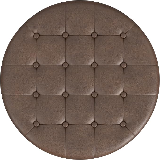 Homepop Home Decor | Button Round Storage Ottoman | Ottoman with Storage for Living Room & Bedroom, Brown Faux Leather