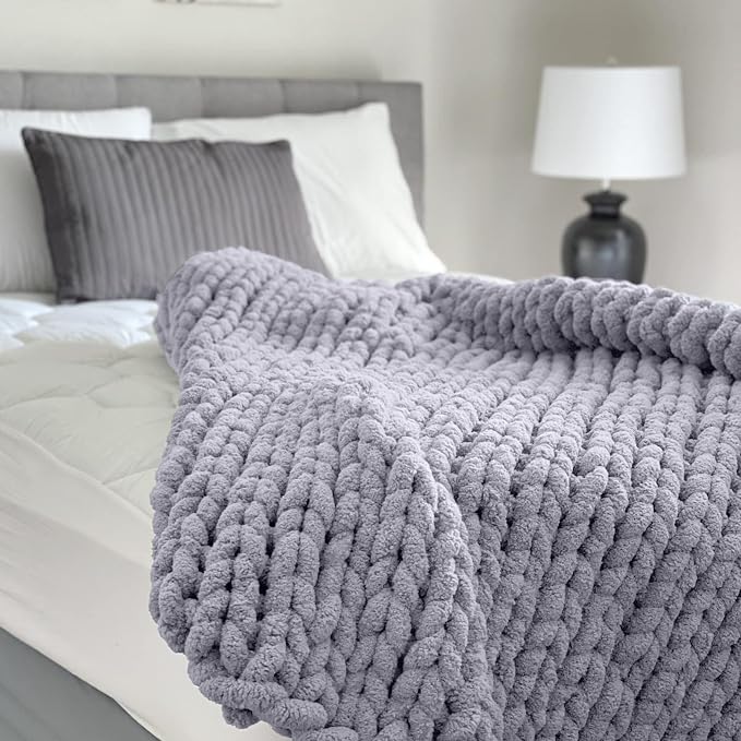 Adyrescia Chunky Knit Blanket Throw | 100% Hand Knit with Jumbo Chenille Yarn (40"x50", Lilac Gray)