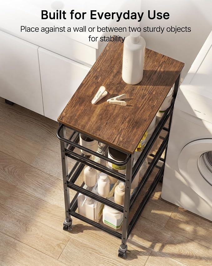 Pipishell Slim Storage Cart with Wheels, 4 Tier Rolling Bathroom Storage Cart with Handle and Wood Top, Metal Slim Kitchen Cart for Laundry Room, Bathroom, Kitchen, Narrow Space, Black & Rustic Brown