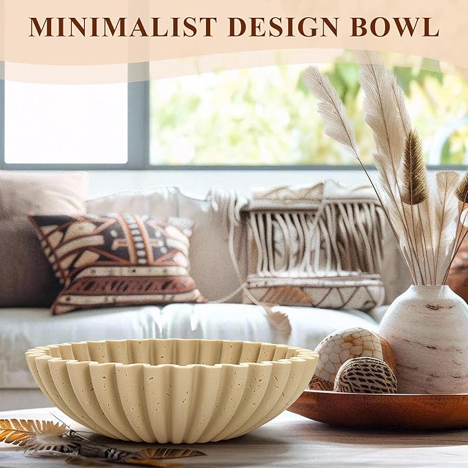 YMXYJM Large Decorative Bowl, Modern Handicraft Bowls for Home Decor, Decorative Fruit Bowl for Kitchen Counter, Ruffle Decor, Stylish Key Bowl for Entry Table, Artificial Travertine Beige