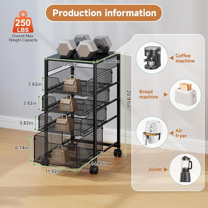 5-Tier Kitchen Utility Storage Cart with Adjustable Wood Top (Tabletop or Basket), Fruit Vegetable Storage Rack with Wheels & Drawers, Metal Rolling Pantry Cart, Kitchen Organizer for Snack Can Potato