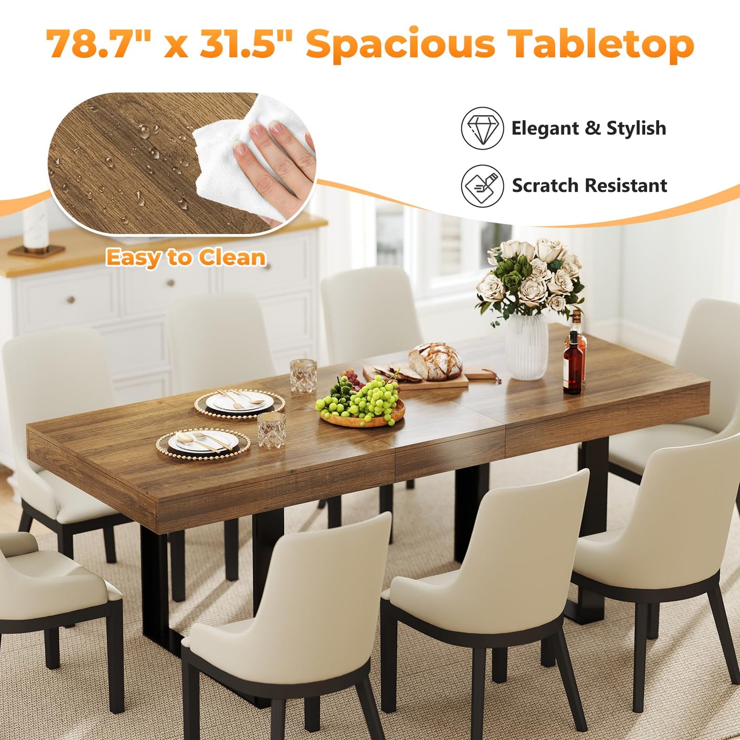 Zevemomo 63"-78.7" Expandable Dining Table, 6-10 Farmhouse Kitchen Table, Extendable Dining Table, Rectangular Kitchen Table with Metal Track, Tapered U-Shaped Legs for Dining Room, Office-Brown